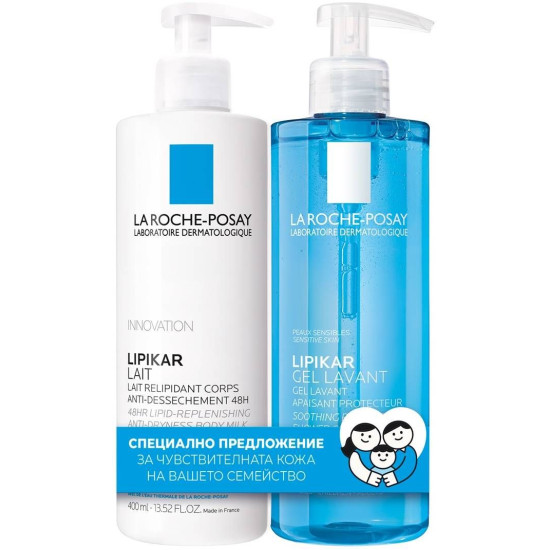LA ROCHE-POSAY LIPIKAR КОМПЛЕКТ LAIT LOTION мляко за тяло за суха кожа 400мл +GEL LAVANT успокояващ пенлив душ гел за тяло 400мл